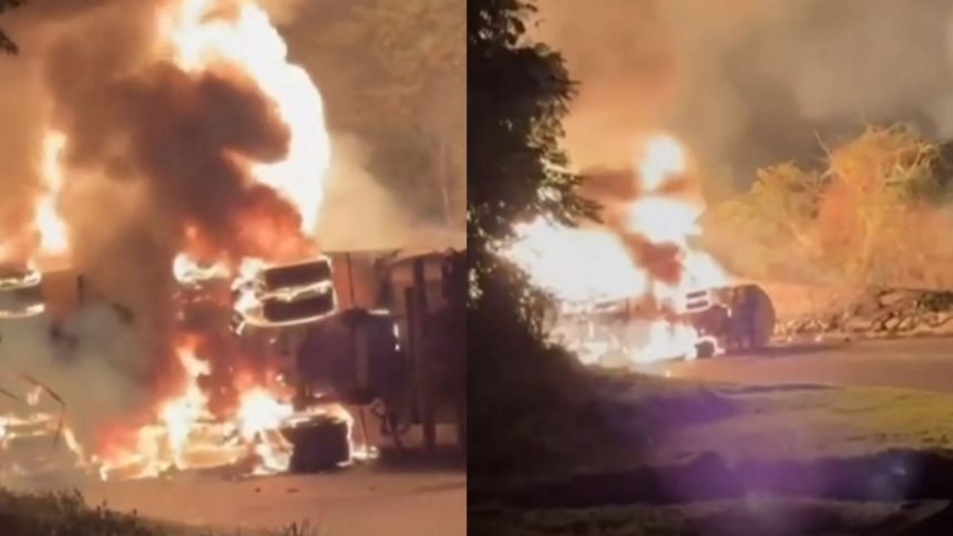 Caminhão com 44 mil litros de etanol tomba e pega fogo na Serra das Araras