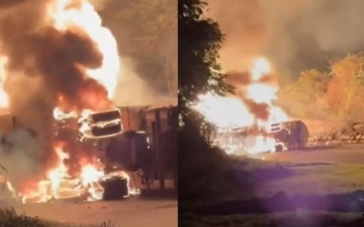 Caminhão com 44 mil litros de etanol tomba e pega fogo na Serra das Araras